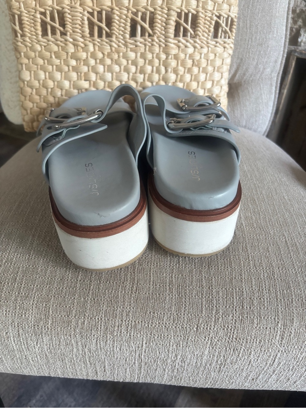 J Slides Light Gray Double-Buckle Platform Sandals with White Sole - Picture 5 of 8